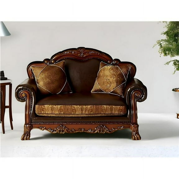 HomeRoots 515739 67 in. Brown & Redwood Faux Leather Loveseat & Toss Pillows