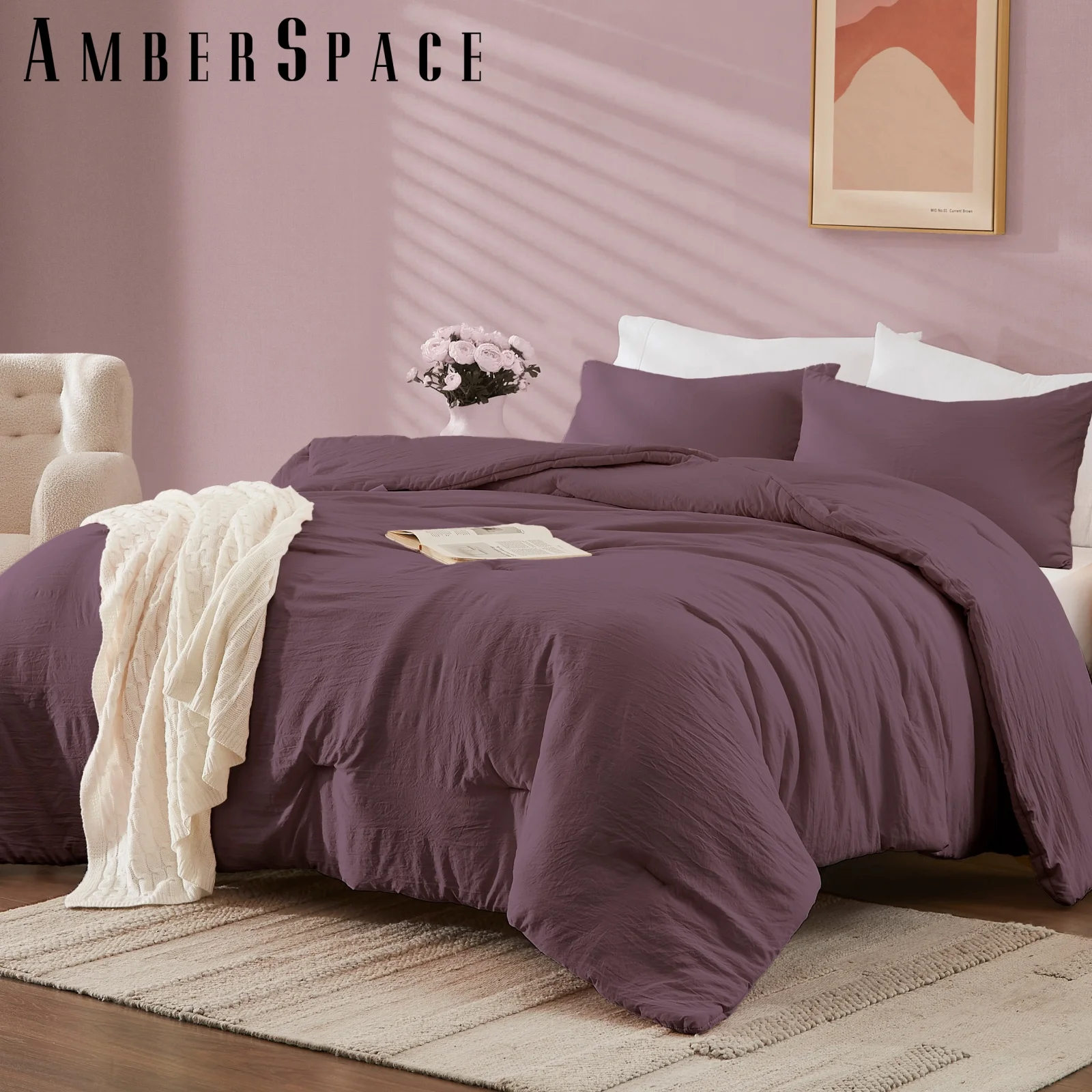 Amberspace Prewashed fabric 3-piece Bed in a Bag Comforter Set with Sheets,Deep Purple,King