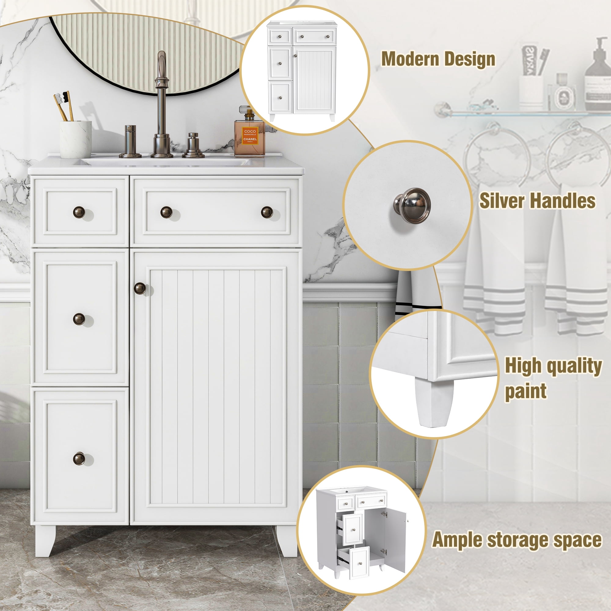 EUROCO Bathroom Vanity with Ceramic Sink, 24" Freestanding Bathroom Cabinet Vanity with 2 Drawers,Lager Storage,1 Door ,Solid Wood Frame Bathroom Vanities,White