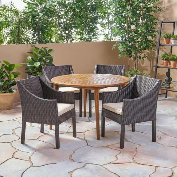 GDF Studio Gaven Outdoor Acacia Wood and Wicker 5 Piece Dining Set with Cushion, Teak, Multibrown, and Beige