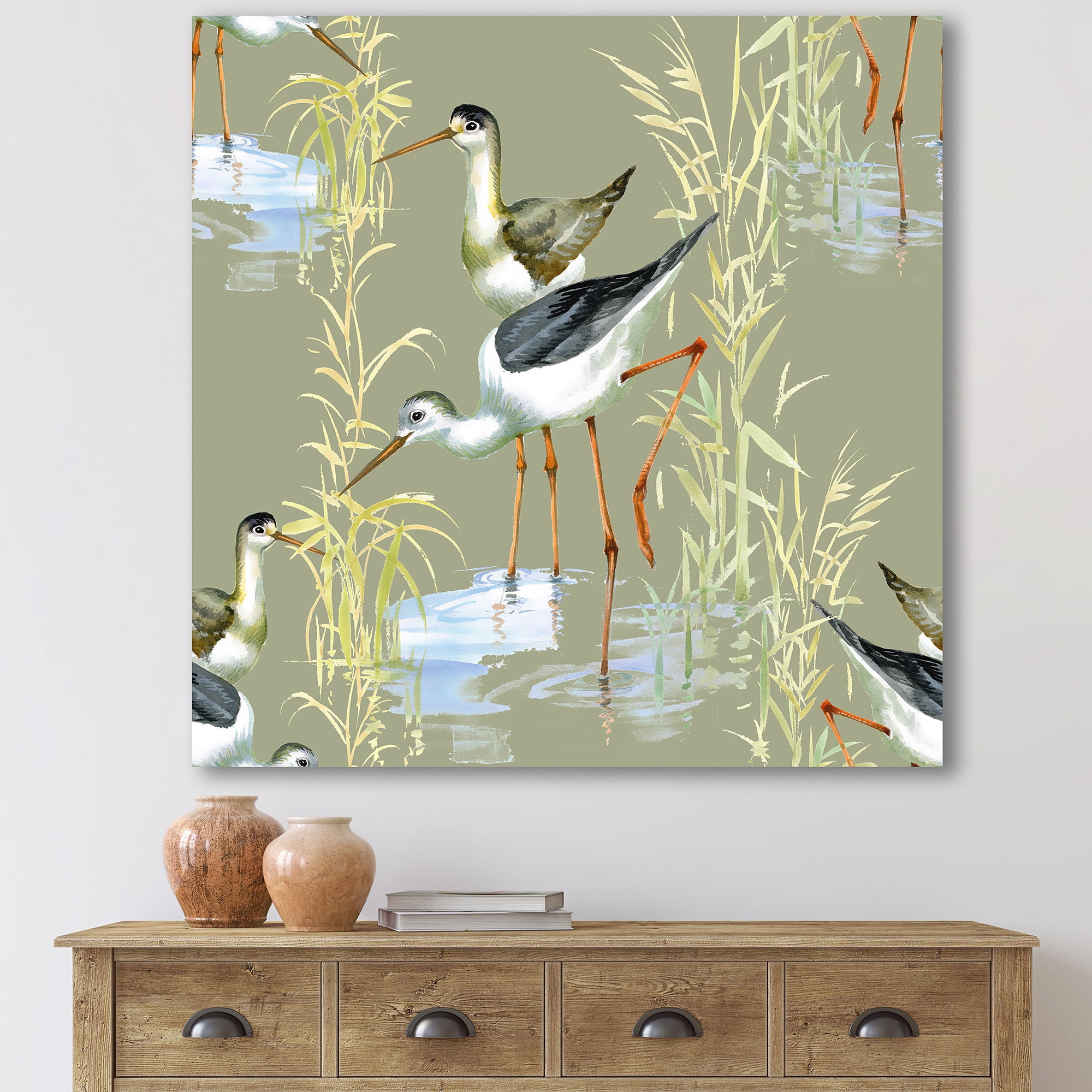 Designart ' Herons Birds In The Gray Water ' Farmhouse Canvas Wall Art Print