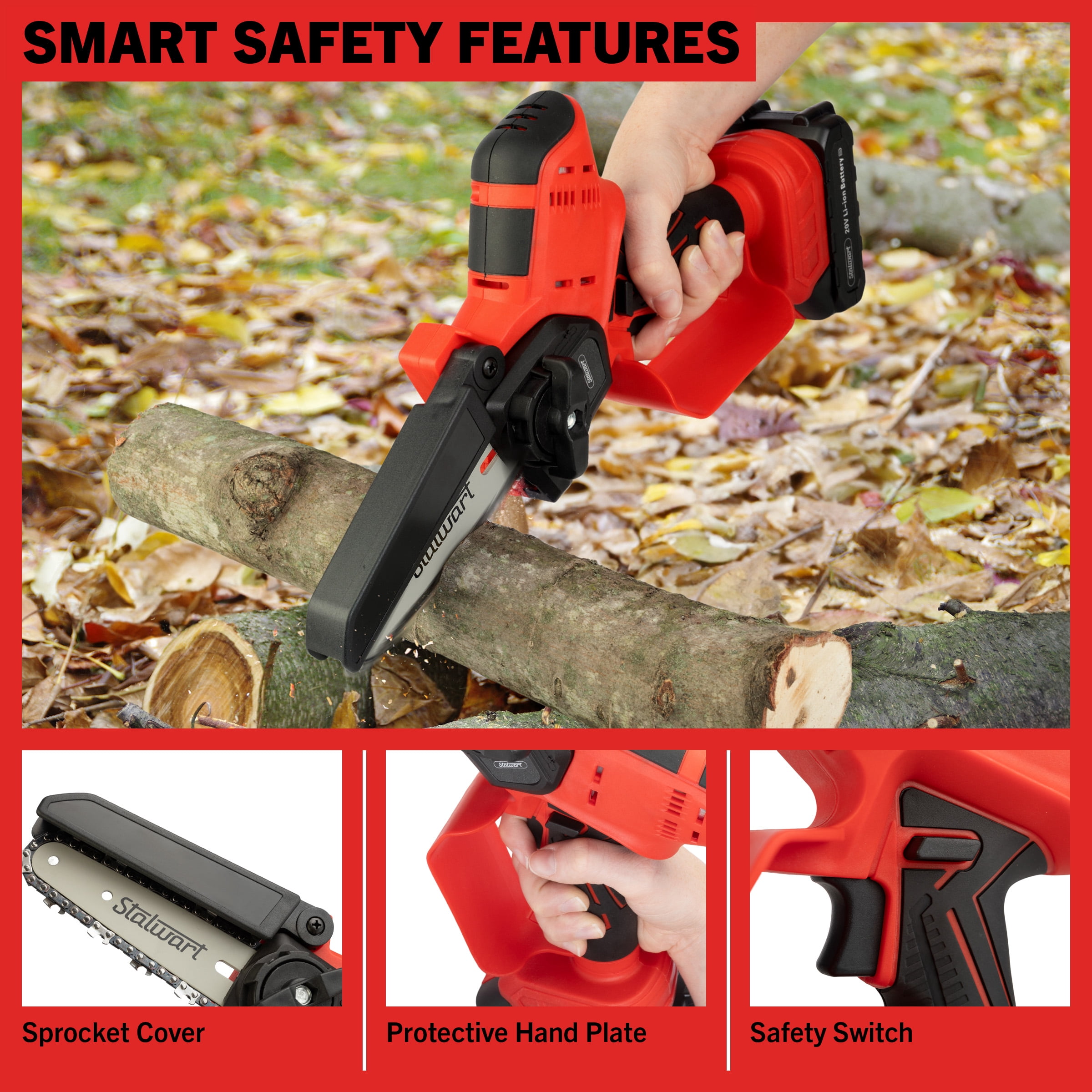 Stalwart 5-Inch Mini Chainsaw with 20V 1500mah Lithium Ion Battery (Red)