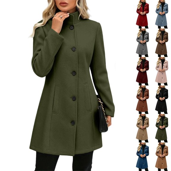 Tqcoqu Pea Coats For Women Stand Collar Single Breasted Trench Coat Fashion A-Line Fall Winter Jackets