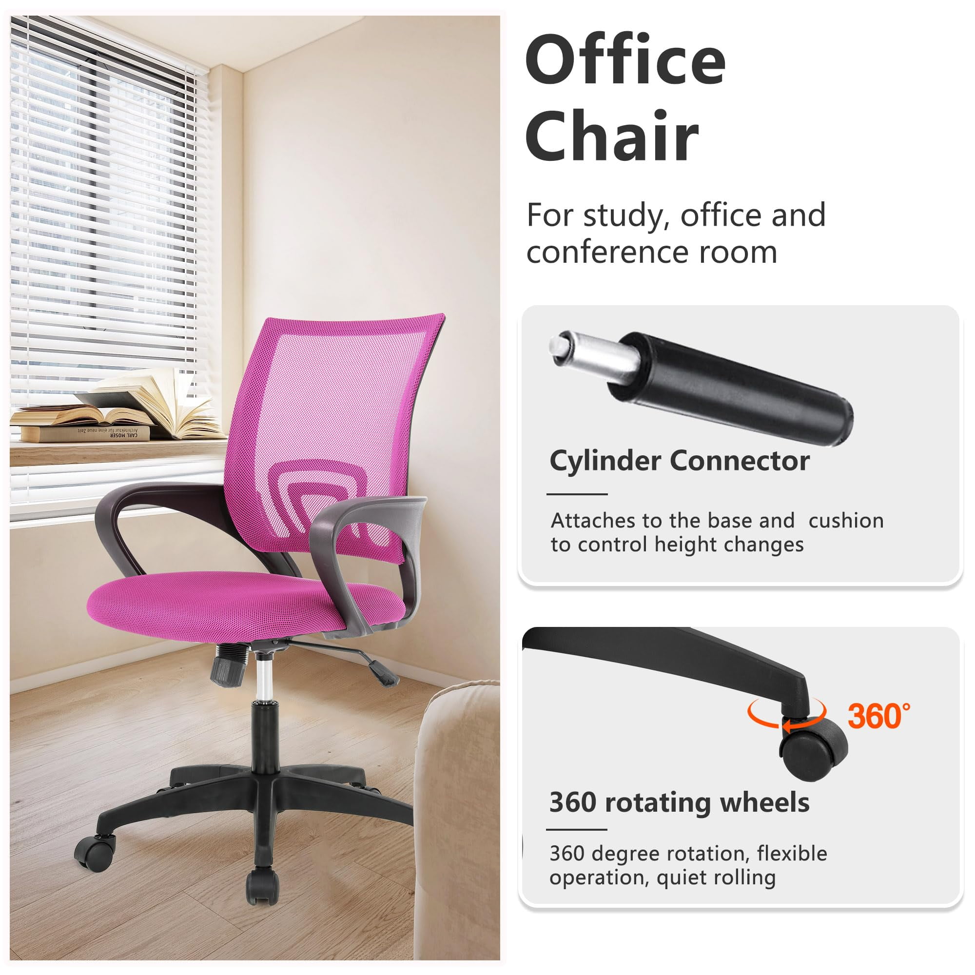 YRLLENSDAN Conference Room Chair Mesh Office Chair with Wheels Rolling Desk Chair with Arms Mesh Computer Chair for 250lb Adults Study Chair Adjustable Height,Pink