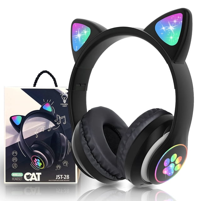 Auriculares Bluetooth KERHAND para niños con orejas de gato LED, color negro