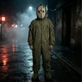 thumbnail image 6 of Olive Green Full Body Jumpsuit with Spooky Hockey Mask & Tassels, Classic Horror Style Full Body Onesie with Zipper & Pockets for Halloween Sleepwear Cosplay(Green,L), 6 of 7