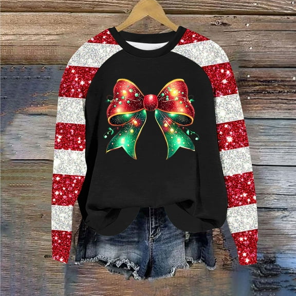 ZRGHAOYLQ Women's Christmas Patchwork Sweatshirts Sequin Sparkly Long Sleeve Pullover Tops for Christmas Gifts Trendy Christmas Bow Pattern Shirts Casual Crewneck Pullovers