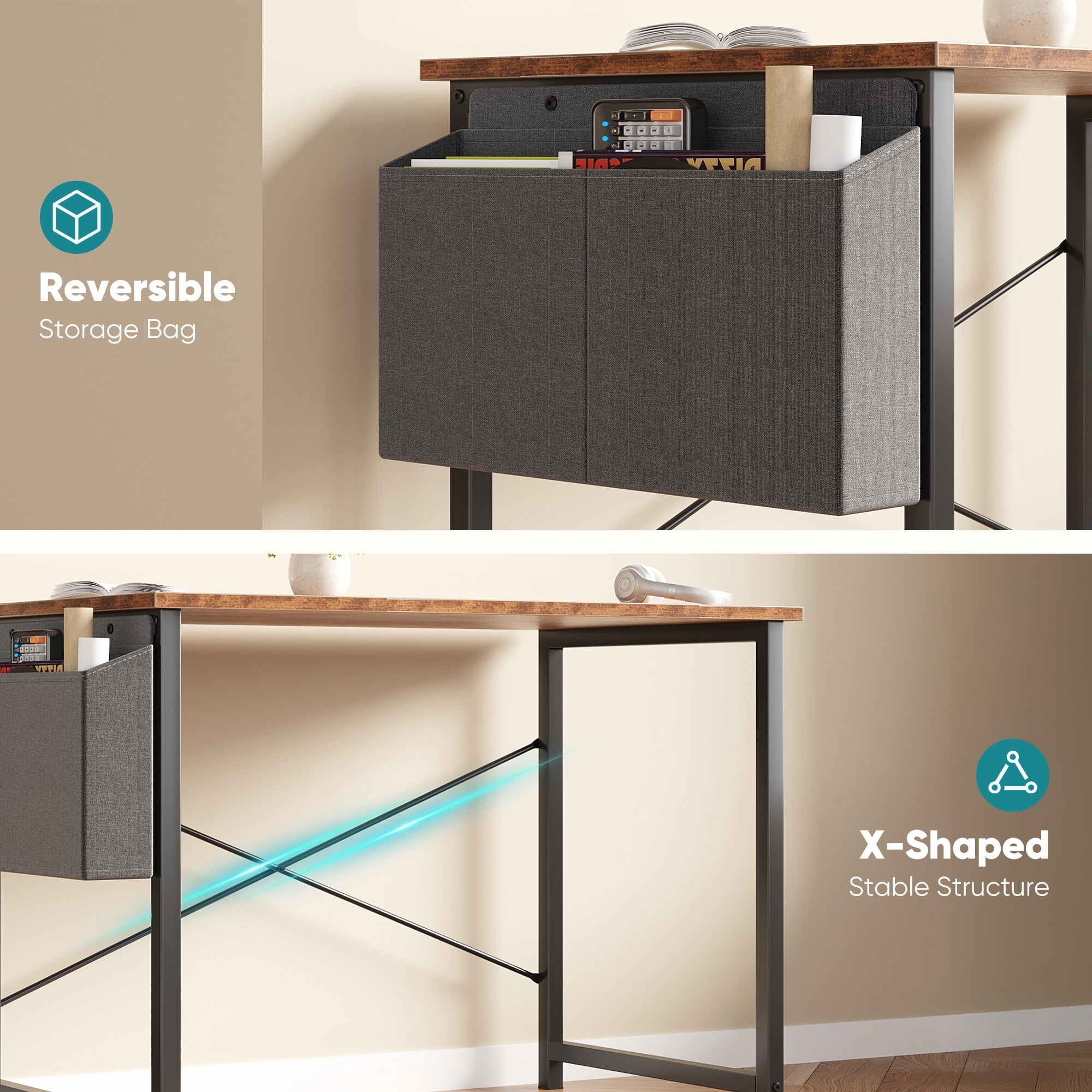 Gianna 31" Computer Desk with Metal Frame, Waterproof Surface and Storage Bag – Perfect for Office Use, Rust Brown