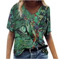 thumbnail image 1 of Mujeres V cuello superior de manga corta camisa impresa suelta camisa casual verano fashionbale superior, 1 of 3