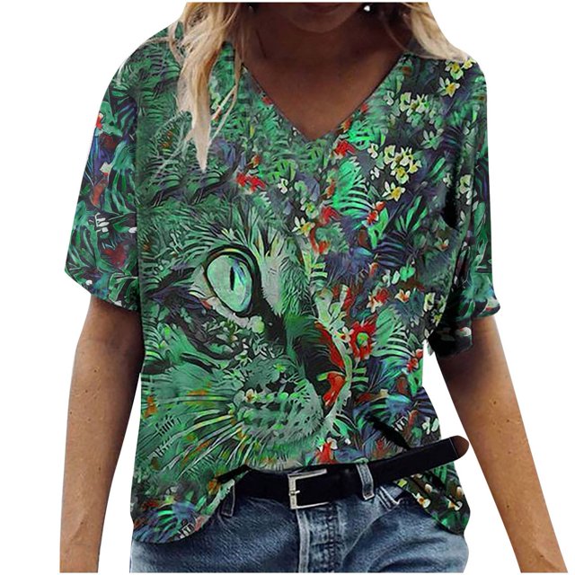Mujeres V cuello superior de manga corta camisa impresa suelta camisa casual verano fashionbale superior