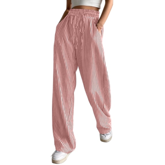 Oiangi Womens Striped Wide Leg Pants Elastic Waist Drawstring Pant Casual Lightweight Pockets Trousers for Fall Red S