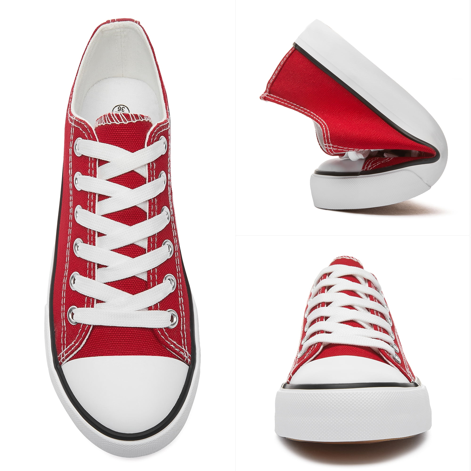 Womens Canvas Fashion Sneakers Classic Low Top Fabric Shoes Casual Walking Canvas Flats Cute Lace Up Tennis Shoes for Lady(Red US8)