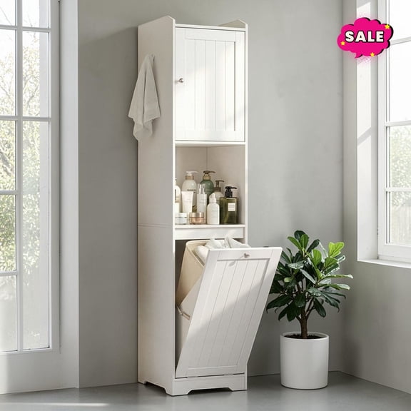 GZXS Tall Tilt-Out Laundry Hamper Cabinet, 70.8"H Freestanding Storage Cabinet with Door and Adjustable Shelf, Bathroom Cabinet for Kitchen, White