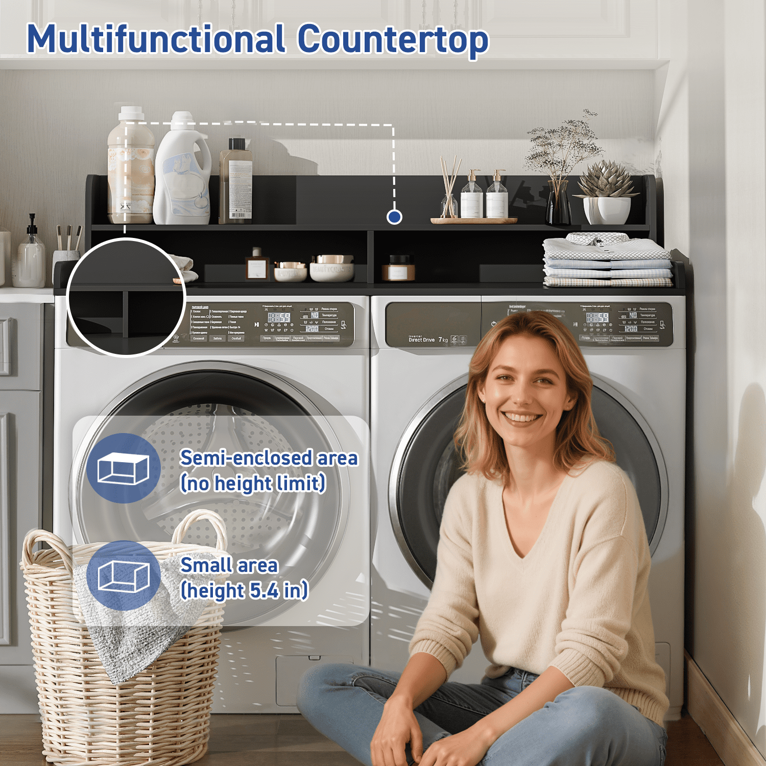 Waleaf 2-Tier Modern Washer Dryer Countertop with Shelf, 54" Laundry Topper for Folding & Storage, Universal Fit