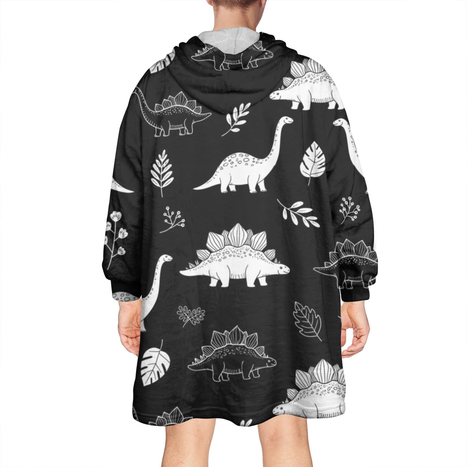 Wearable Oversized Blanket,Black White Dinosaur Skeletons Bold Wearable Blanket Hoodie for Adults,Cozy Hooded Blankets with Super Pockets,Super Warm Fuzzy Pullover for Women & Men