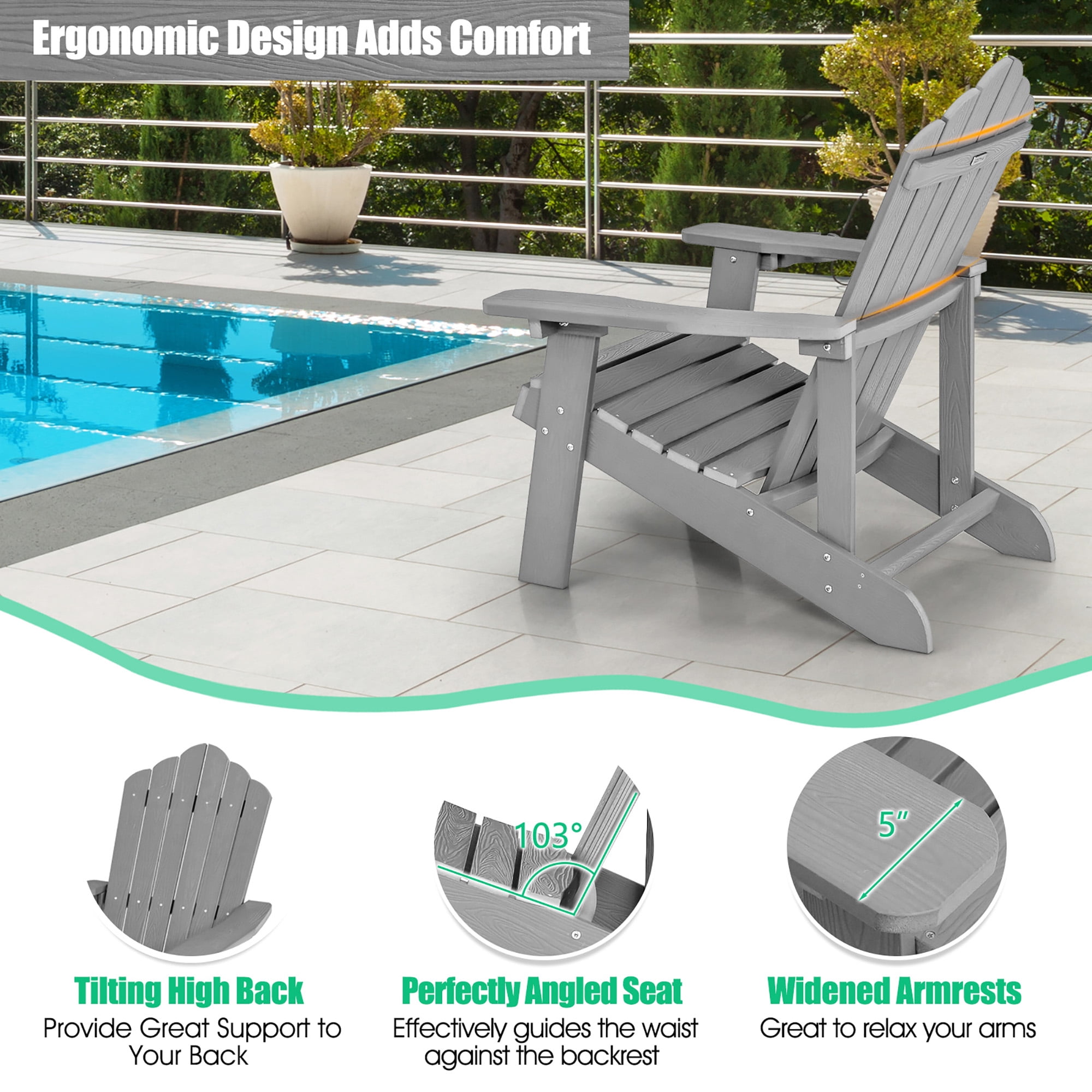 Costway Patio HIPS Adirondack Chair with Cup Holder Weather Resistant Outdoor 380 LBS Grey