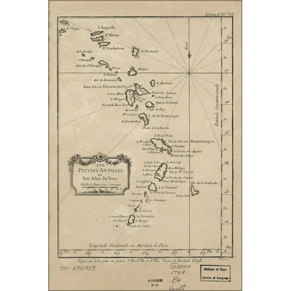 24"x36" Gallery Poster, map of lesser antilles 1764 in french