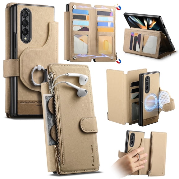 For Samsung Galaxy Z Fold 3 2-in-1 Phone Case,Magnetic Detachable Flip,With Zipper Pocket,Card Slots,Ring Holder,PU Leather Flip Fold Kickstand,Support Wireless Charging,Shokcproof Case,Khaki