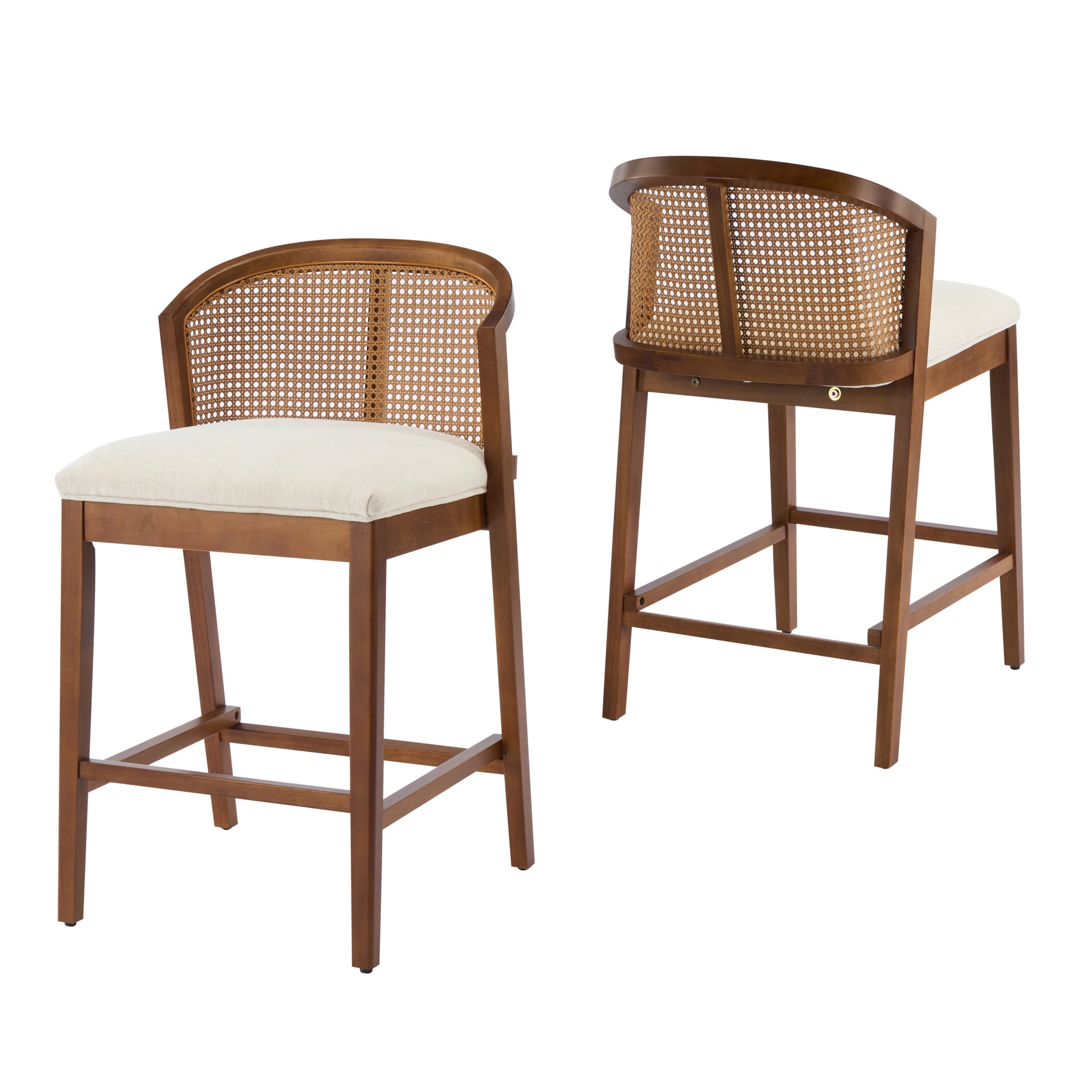 Christopher Knight Home Counter Height Bar Stools, Wood Frame and Rattan Backrest, Walnut+Beige, Set of 2