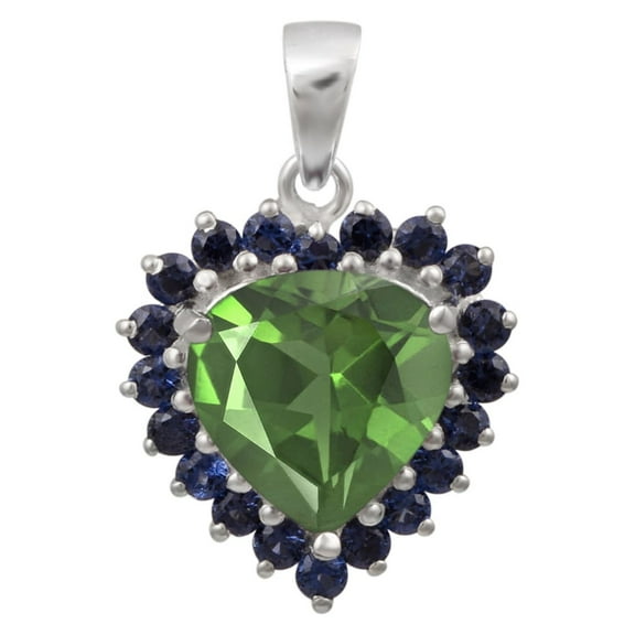 7MM Heart Peridot & Blue Cz 925 Sterling Silver Cluster Valentines Day Gifts Pendant