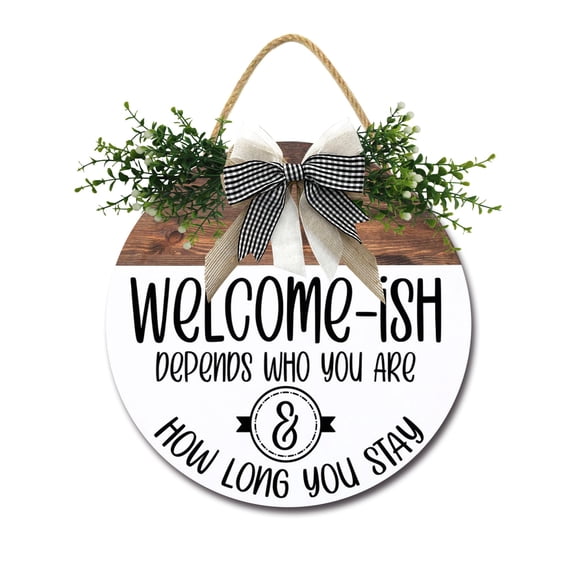 Welcome - Ish Sign for Front Door Decorations, Rustic Round Wood Holiday Sign, Front Door Wreath Burlap Wooden Hanging Signs for Outdoor Farmhouse Porch Home Christmas Holiday Decor