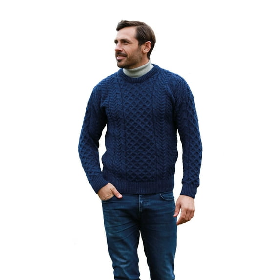 Aran Woollen Mills Men's 100% Wool Irish Cable Knit Fisherman Sweater Pullover Made in Ireland