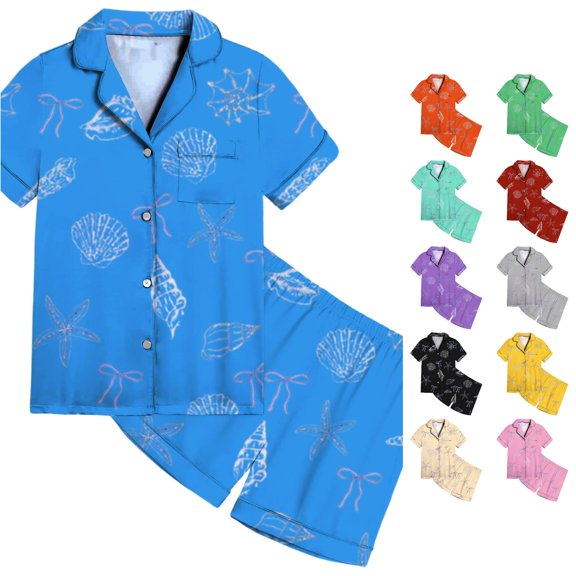 MEZZALL Girls Sleepwear Set Soft Satin Pajamas Sets With Ocean Bow Print Short Sleeve Lapel Button Down Tops & Shorts For Toddler Kids Daily Casual Night Leisure Nightwear