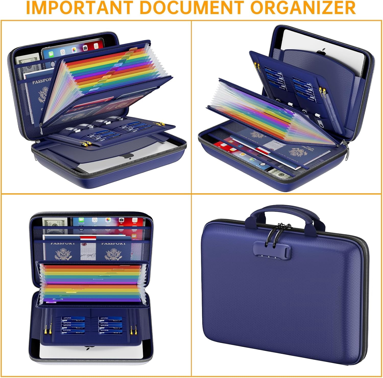 Fireproof File Organizer with Lock, Hard-Shell Case Fireproof Document Box with 13 Pocket Accordion File Folder, Portable Home Office Travel Safe Storage for Important Documents Laptop Blue