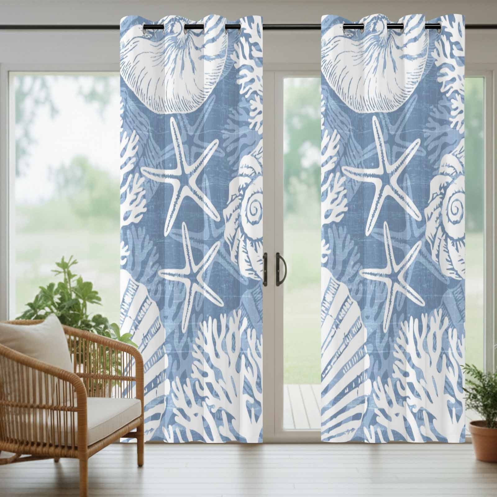 Blue Ocean Life Outdoor Curtains for Patio, Coastal Starfish Nautical Shell Conch Coral Sunshade Privacy Drapes Grommet Waterproof Outside Curtains for Porch/Cabana/Balcony 54"x 108", 1 Panel