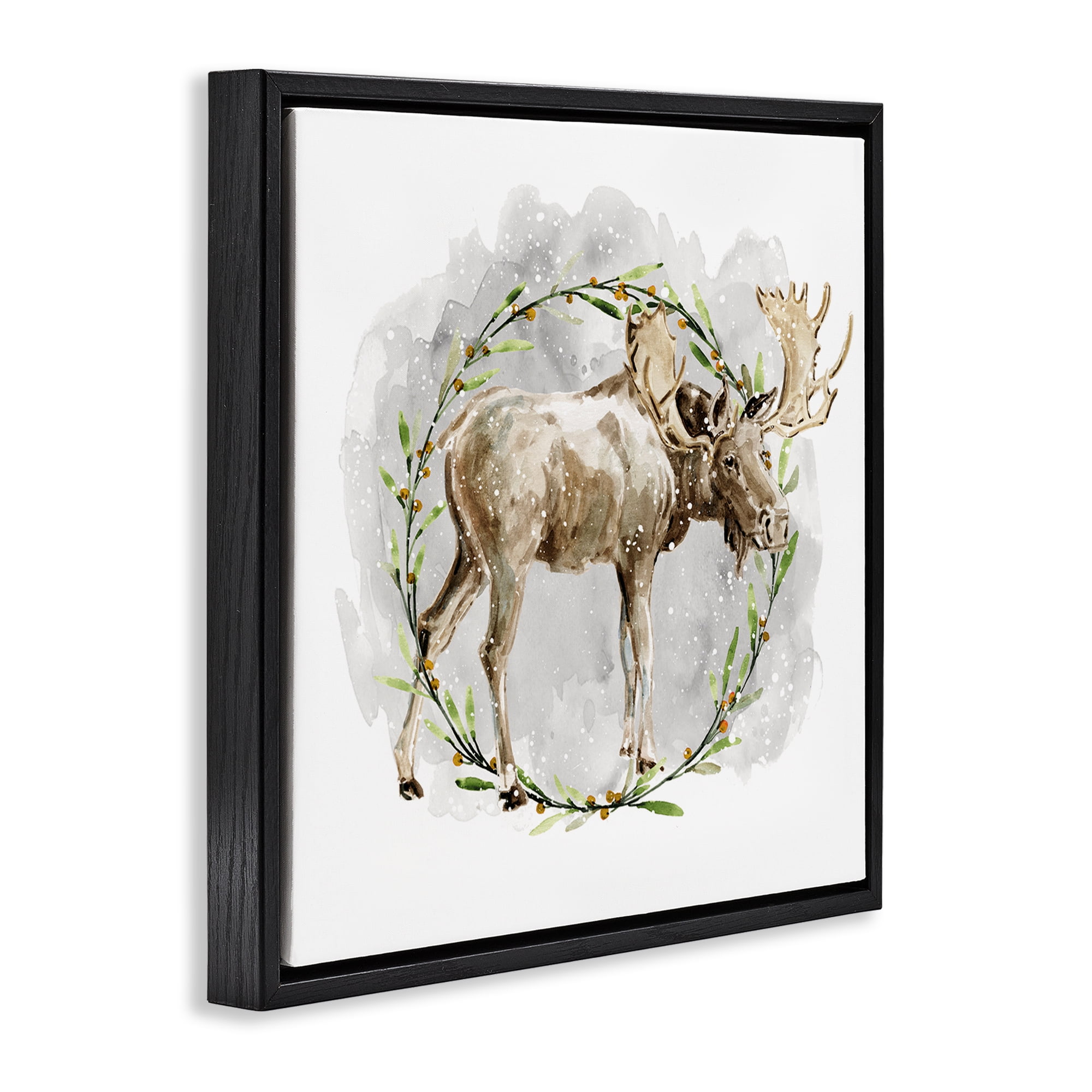 Stupell Industries Rustic Moose with Wreath Animals & Insects Painting Black Floater Framed Canvas Art Prints Wall Art, 18 x 18