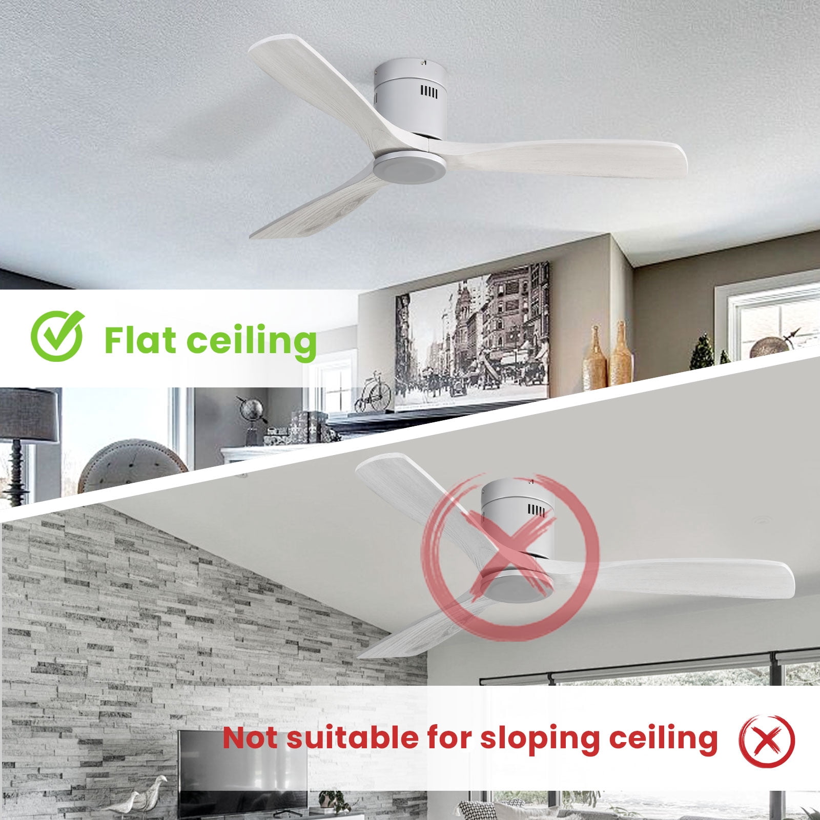 Sofucor 52 Inch Ceiling Fan Without Lights Flush Mount Ceiling Fan with Remote Control, Wood Blades , Silver