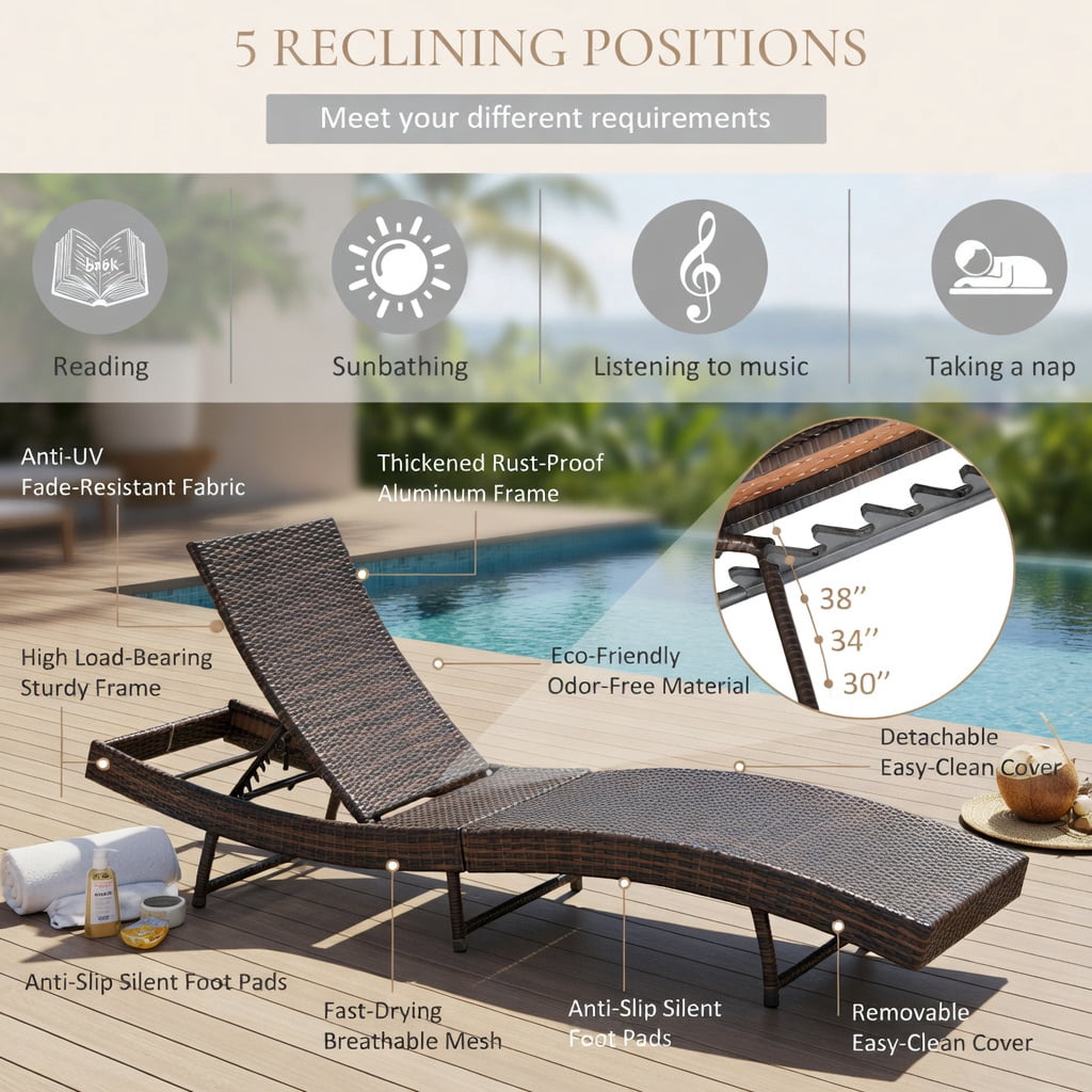 Hommoo Folding Patio Chaise Lounge Chair with 5-Position Adjustable Backrest, Thick Washable Cushion, PE Rattan Design, White