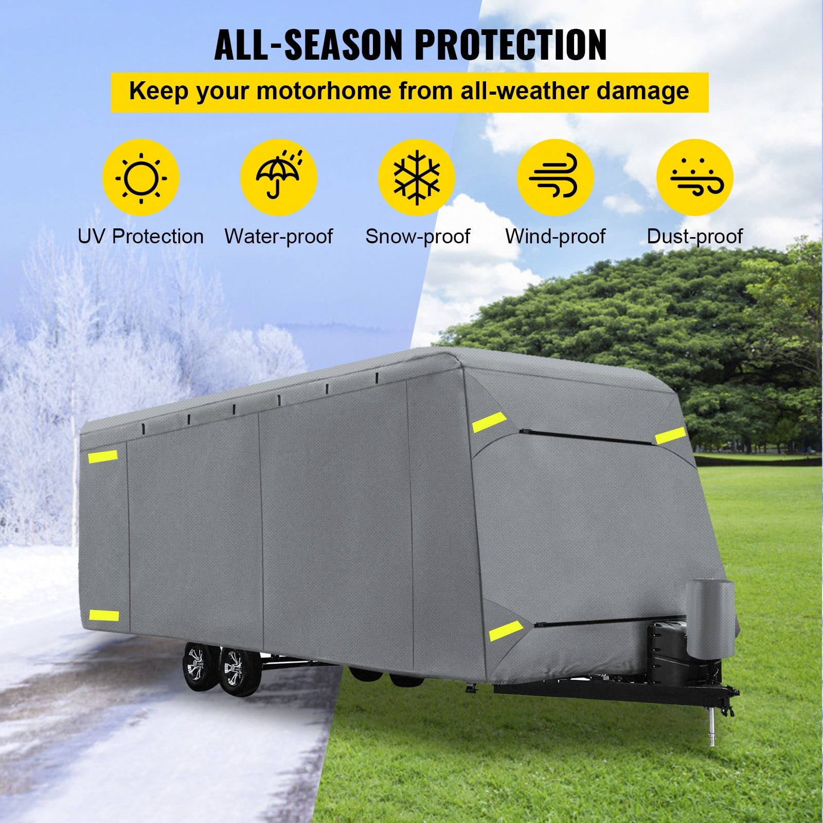 VEVOR RV Cover 8'-10' Travel Trailer RV Cover Windproof RV & Trailer Cover Waterproof Ripstop Anti-UV for RV Motorhome with Adhesive Patch & Storage Bag Extra-Thick 4 Layers Durable Camper Cover 
