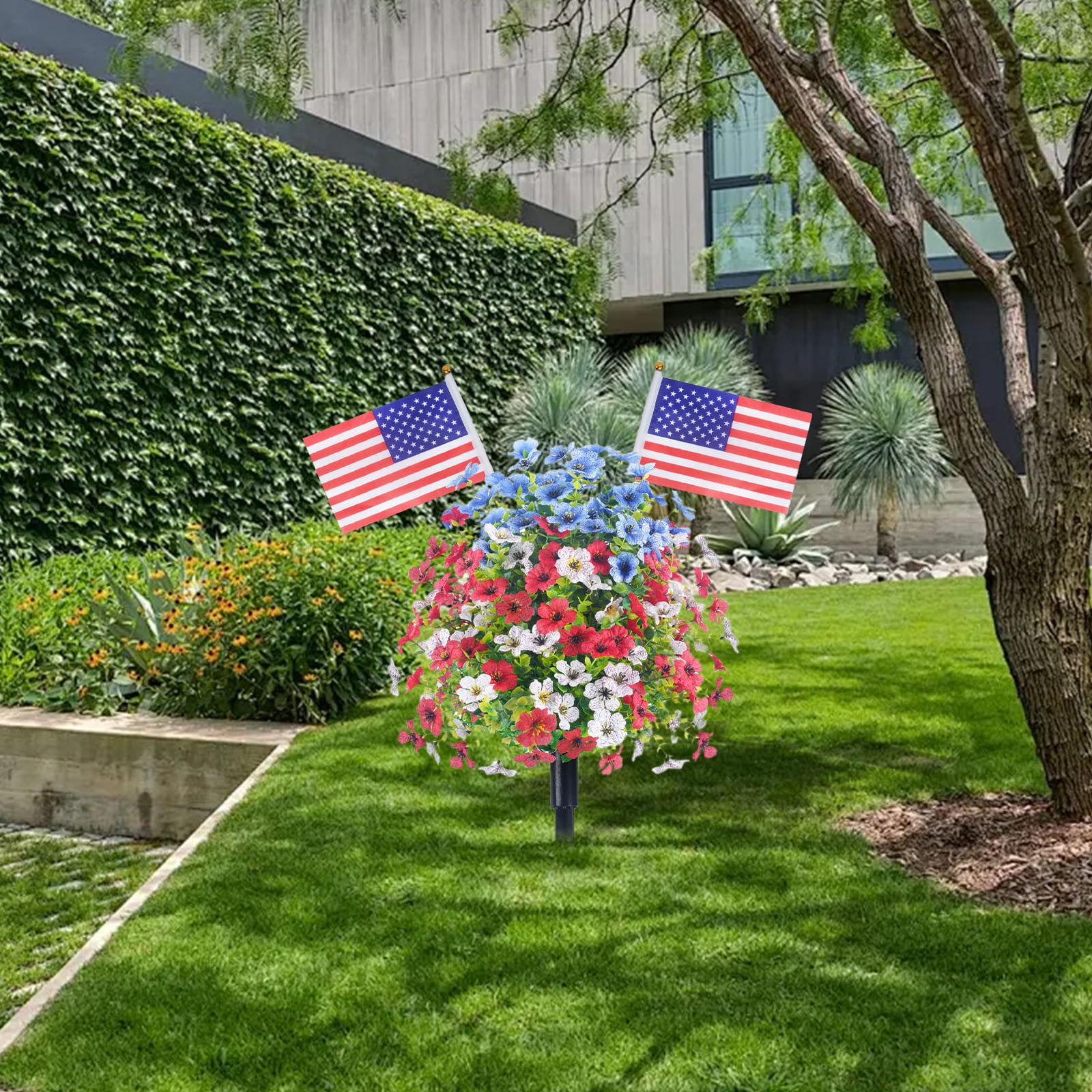 24 Inch Patriotic Flowers Topiary Trees Artificial Red White Blue Outdoor Flowers for Outdoor Planters Artificial Shrubs with Ground Spike Fade Resistant 4th of July Stakes Decor - 2 Pack