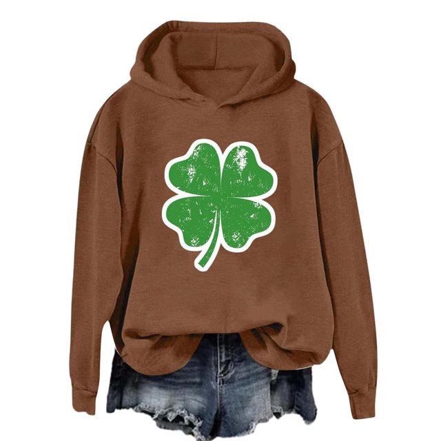 Nouveau & Tendance! FUNUONY Sweat à Capuche pour la Saint-Patrick Mode Féminine Col Rond Quatre Pulls Imprimés Manches Longues Café S