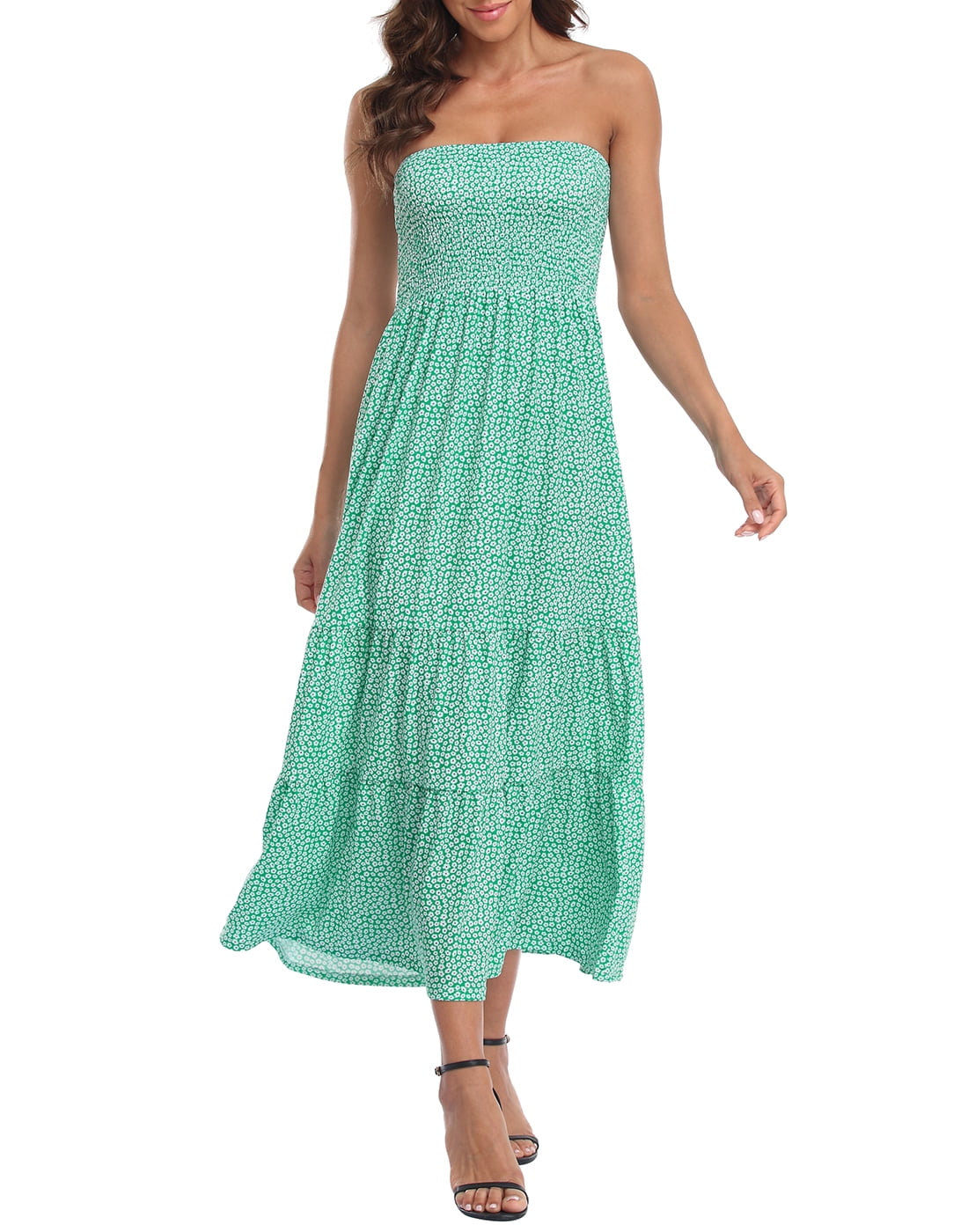 HDE Women's Strapless Maxi Dress Bohemian Sundress Ditsy Green Floral ...