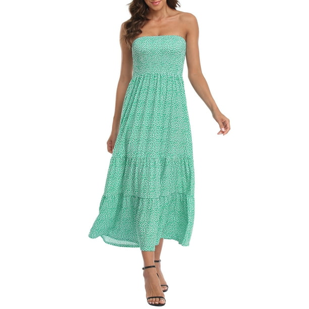 HDE Women's Strapless Maxi Dress Bohemian Sundress Ditsy Green Floral ...