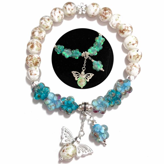 Butterfly and Flower Charm Bracelets, Glow in The Dark Firefly Beads Bracelet, Handmade in USA (Blue)