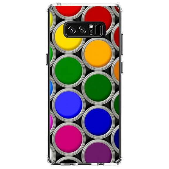 DistinctInk Clear Shockproof Hybrid Case for Samsung Galaxy Note 8 - TPU Bumper, Acrylic Back, Tempered Glass Screen Protector - Rainbow Paint Cans - Rainbow Art Supplies