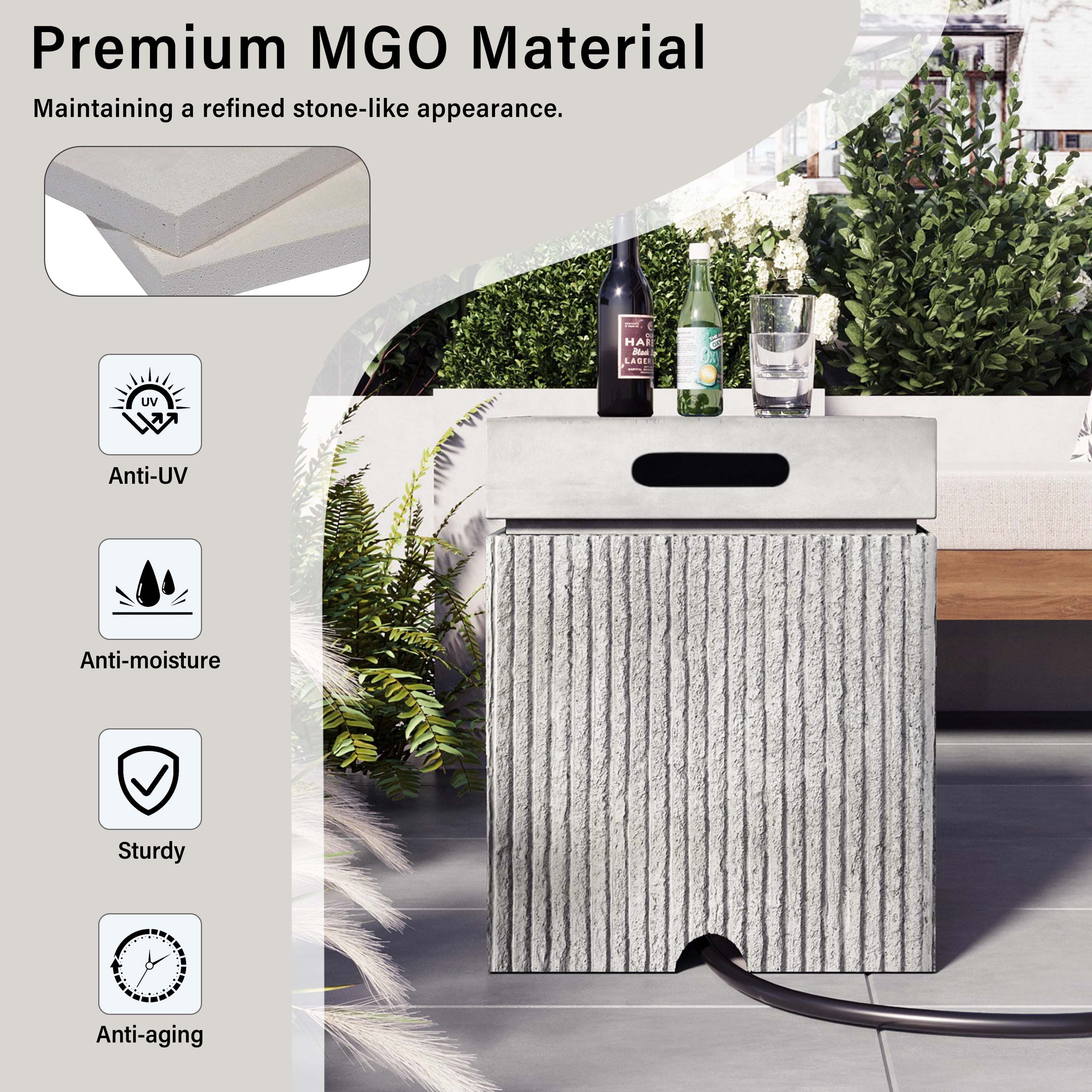 Mintazer 15.75" Outdoor Propane Tank Cover Table with Side Handles & Protective Cover, Side Table with Vertical Fluted Texture for Fire Pit Patio Backyard, No Assembly Needed, Gray