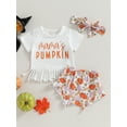 thumbnail image 2 of Wassery Baby Boys Girls Halloween Outfit Infant Summer 3Pcs Clothes Set Short Sleeve Round Neck Tassel T-Shirt Tops + Pumpkin Shorts + Bow Headband 0-24 Months, 2 of 9