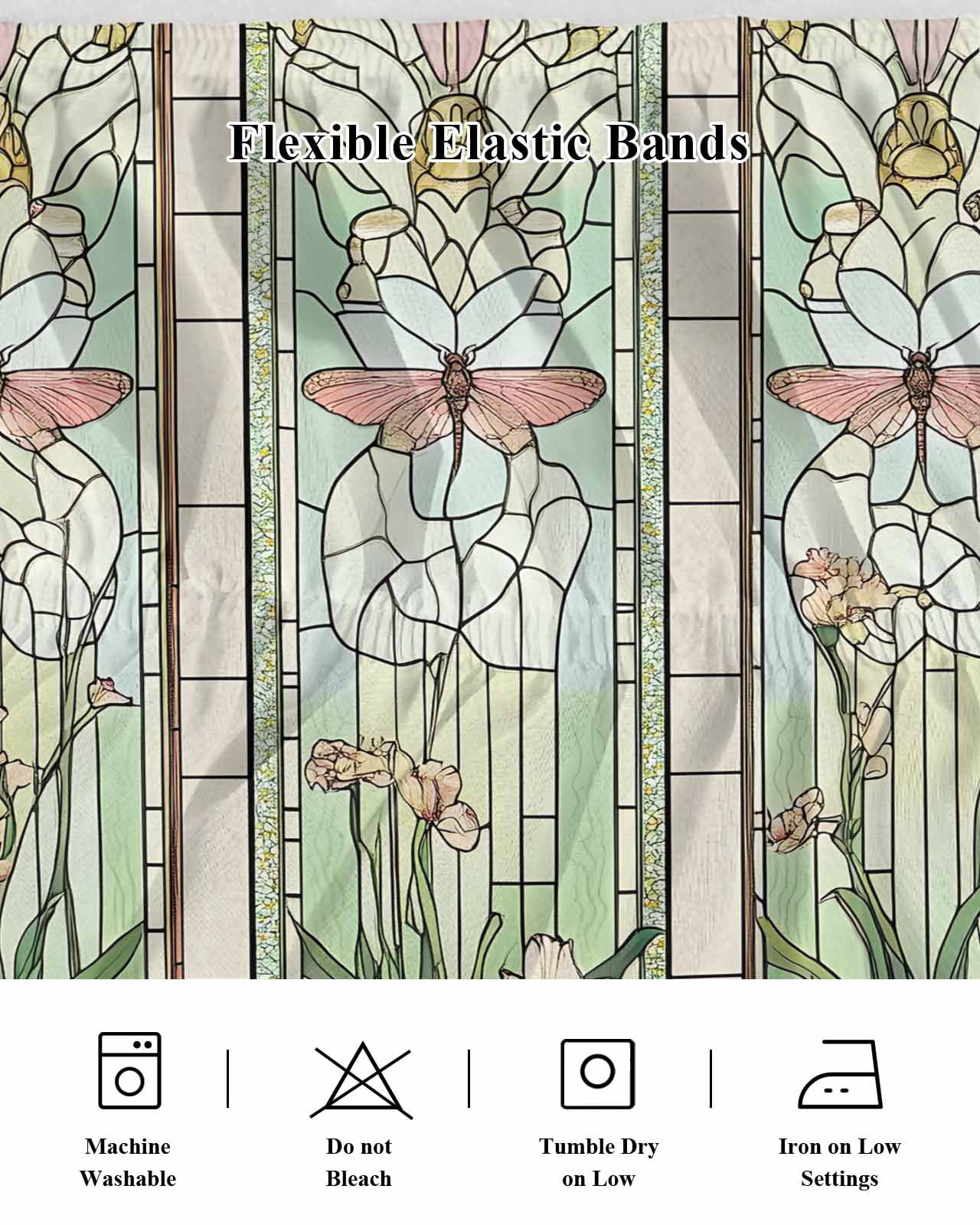 Green Vintage Stained Glass Bed Skirt Flowers Butterfly Bed Skirts Queen Size 16 Inch Drop, Wrap Around Dust Ruffle&nbsp;Bedskirt with Adjustable Elastic Belt for Queen Size Beds