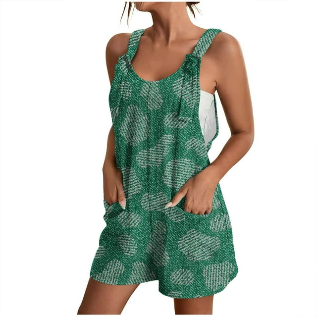 Penkiiy Combinaison Courte en Denim Sans Manches pour Femme, Vert, 2TG