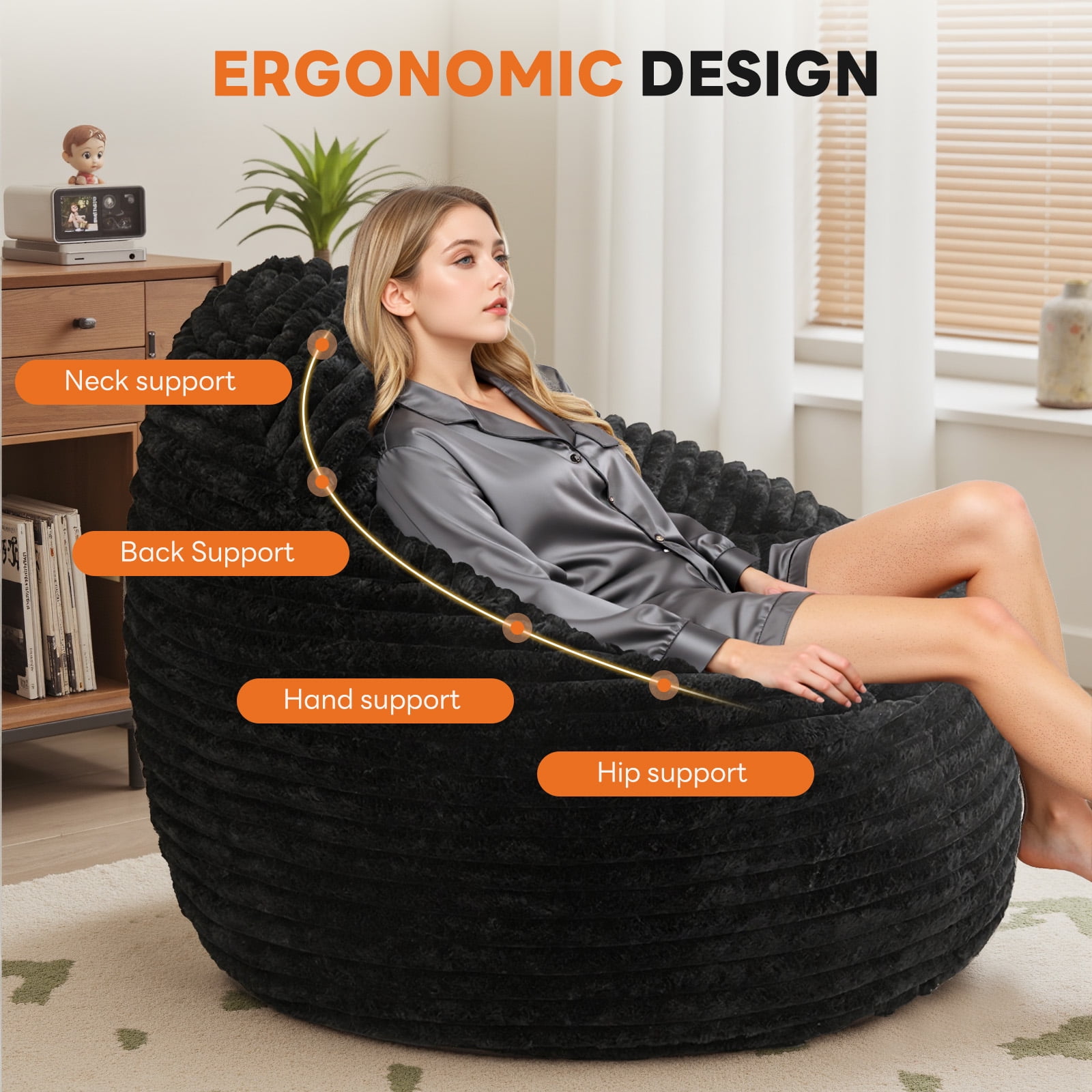 CONCETTA 39ft Sofa Bean Bag Chair, Oversized Beanbag for Adults with Soft Removable Cover, Black