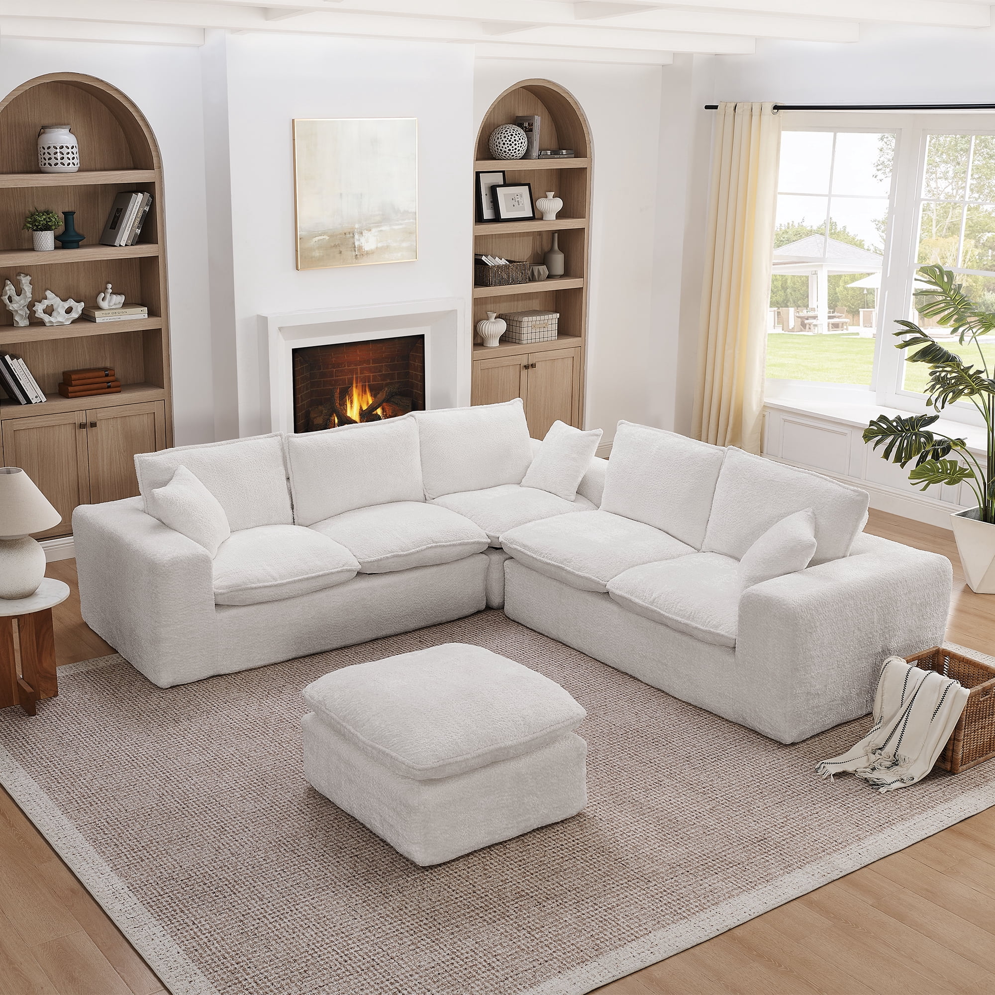 107" Modular 6 Seats Sectional Sofa Boucle Cloud Couch L Shape with Ottoman Deep Seat Comfy Living Room Sofa with Pillows, No Assembly, Beige