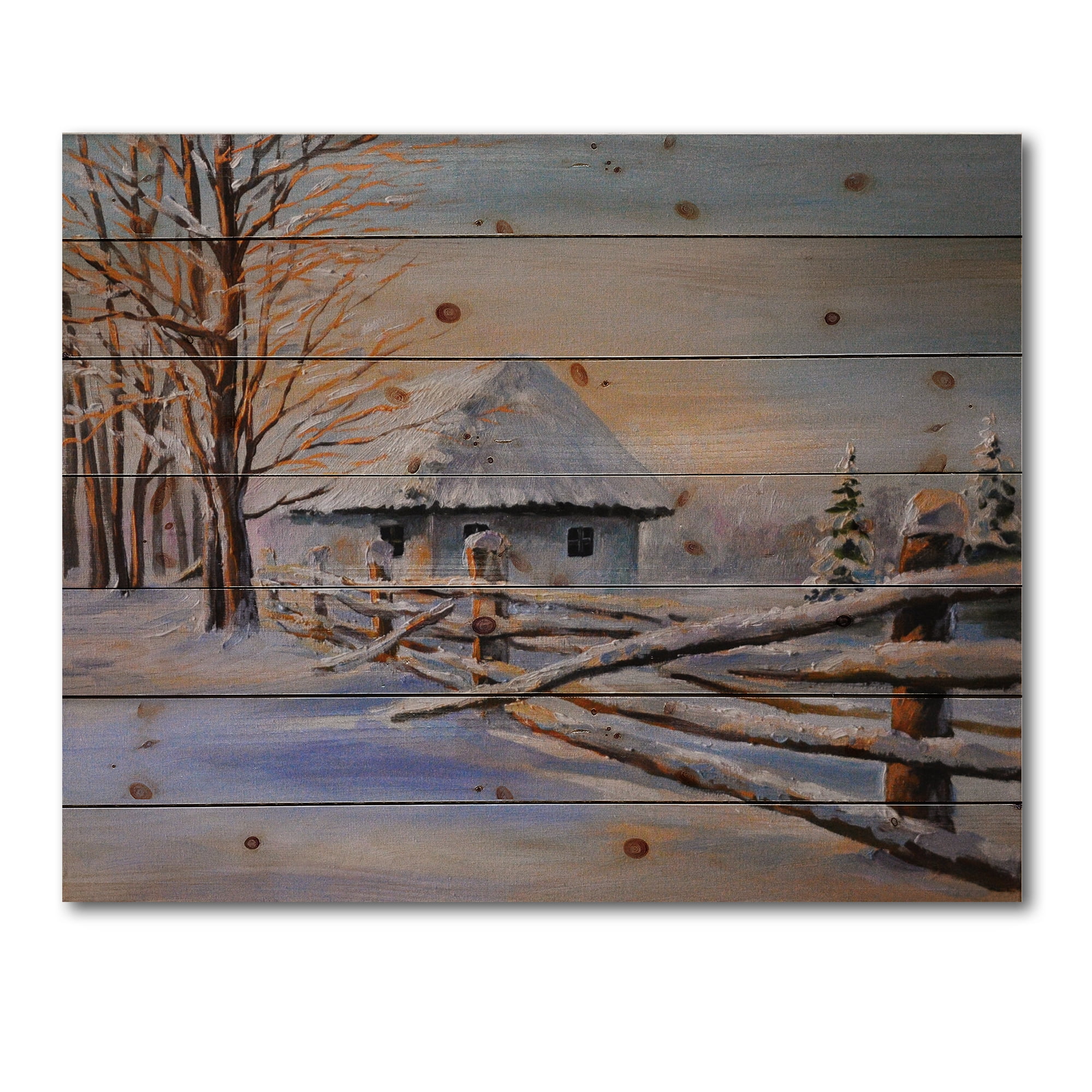 Designart 'Traditional Cottage Covered With Snow In Winter II' Traditional Print on Natural Pine Wood