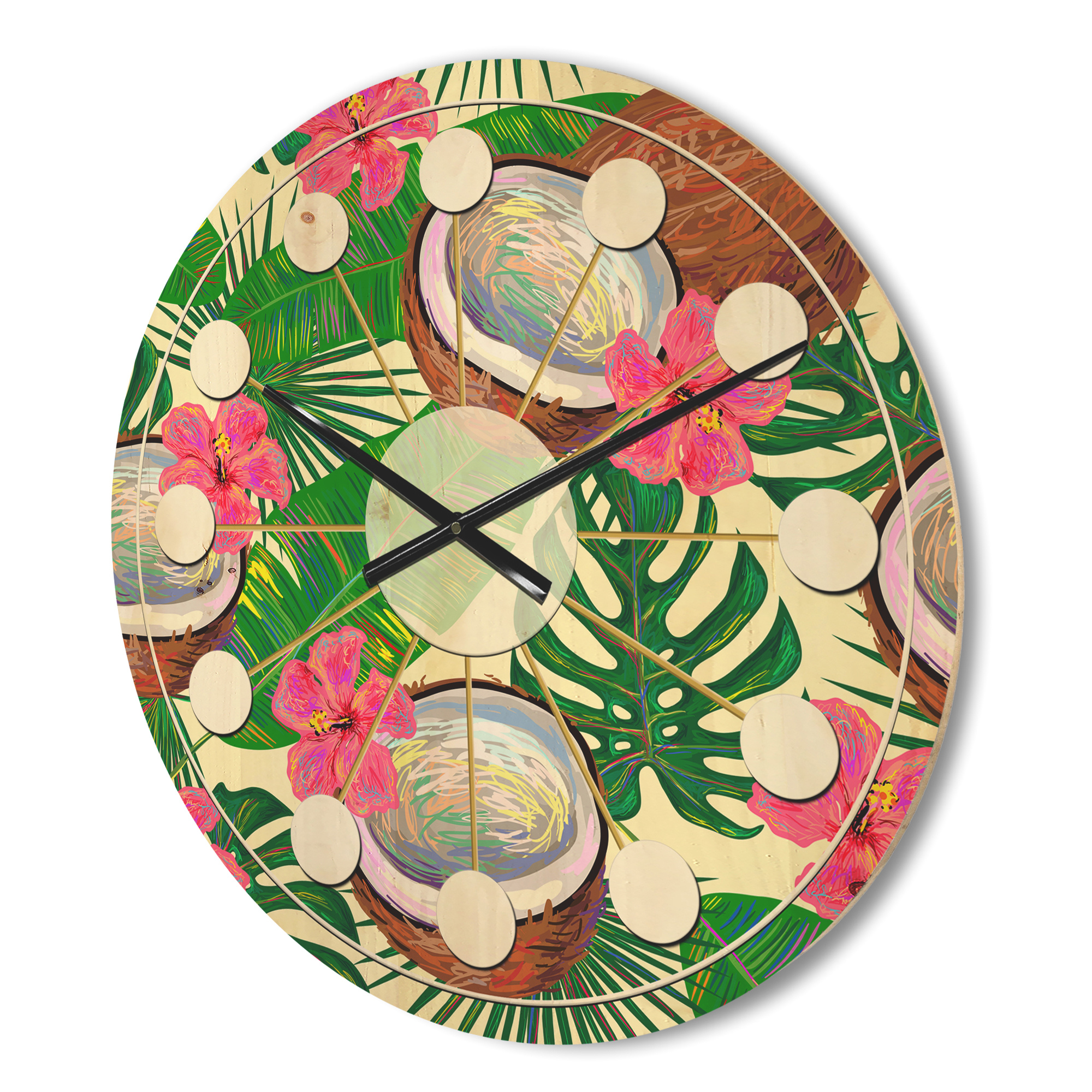 Designart 'Tropical Jungle Flowers and Cooconut' Mid-Century Modern Wood Wall Clock