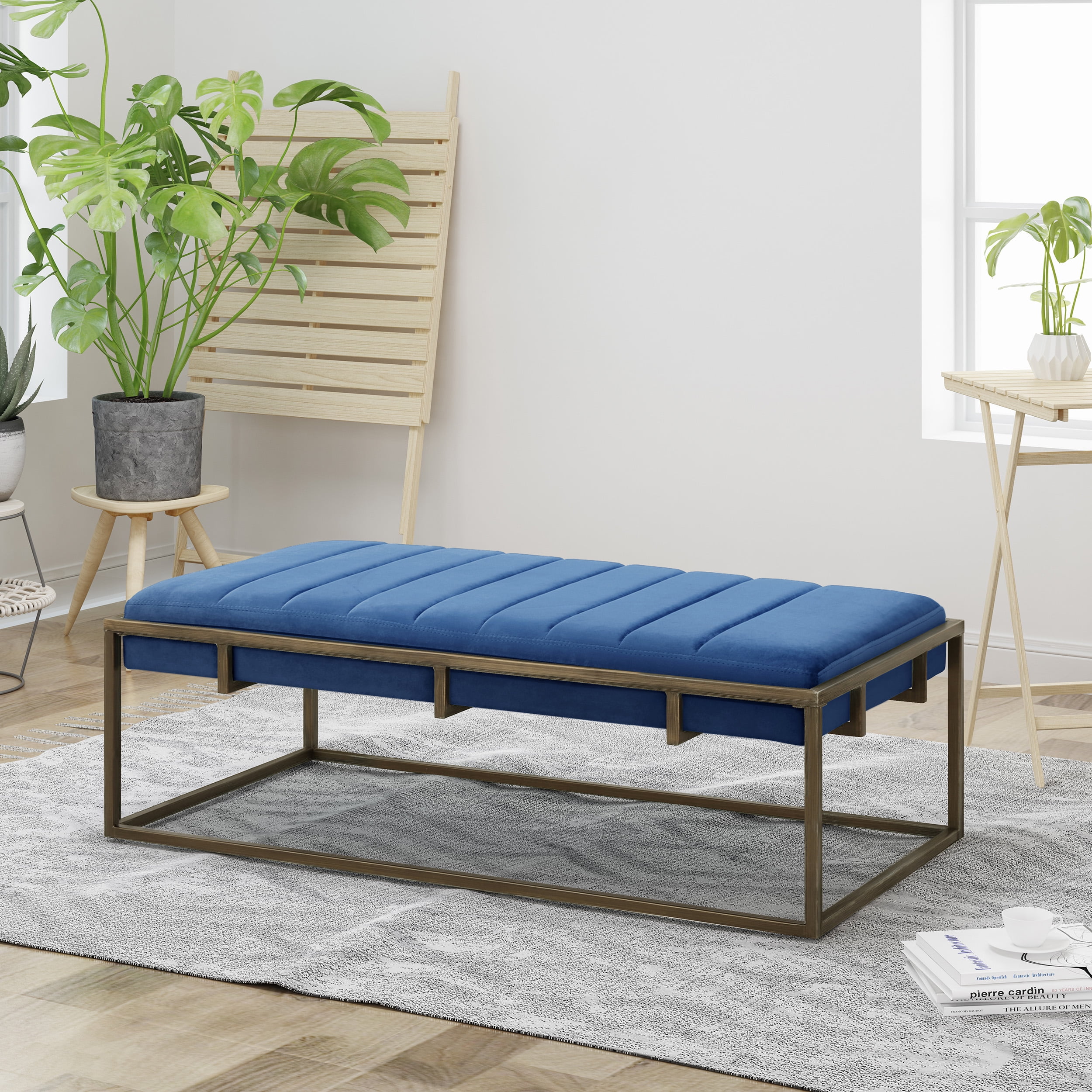 Noble House Derek Glam Velvet Ottoman Bench, Navy Blue