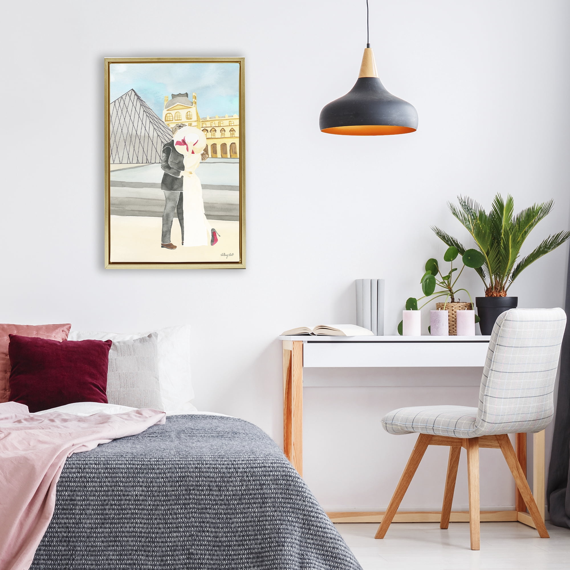Stupell Industries Couple Embrace At The Louvre Gold Framed Floater Canvas Wall Art, design by Hillary Holt