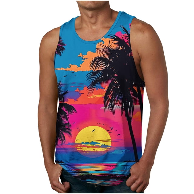 Casual Tops de Verano de la Moda de los Hombres sin Mangas Impreso Cuello Redondo, Camisa Ligera Y Cómoda para Diario